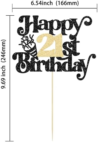 Gyufise 1Pc Happy 21st Birthday Cake Topper Glitter Happy Birthday Cake Pick Cheers to 21 Years for 21st Anniversary Wedding Party Cupcake Decorations Supplies Black Gold