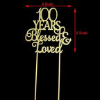 100 Years Blessed & Loved Cake Topper for 100th Birthday, Wedding Anniversary Party Decorations Gold Glitter
