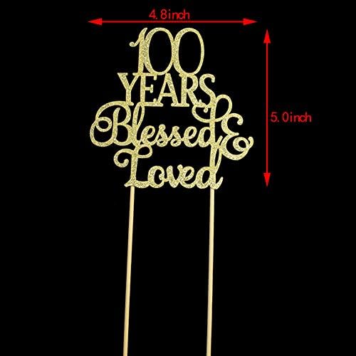 100 Years Blessed & Loved Cake Topper for 100th Birthday, Wedding Anniversary Party Decorations Gold Glitter