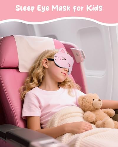 Miss Adola Sleep Mask for Kids - Cute Cartoon Plush Fuffy Sleeping Eye Cover Cat Kawaii Soft Eyeshade with Adjustable Strap Animal Eye Blindfold for Kids Girls Boys Teens