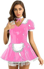 YiZYiF Sexy Lingerie for Women PVC Leather Lingerie Set Crop Top Mini Skirt French Maid Dress