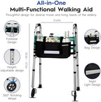 Foldable Walker with 360° Swivel Wheels & Motion Sensor Light, Lightweight Adjustable Height Rolling Walker for Seniors & Adults, Travel-Friendly Walking Frame with Large Storage Bag