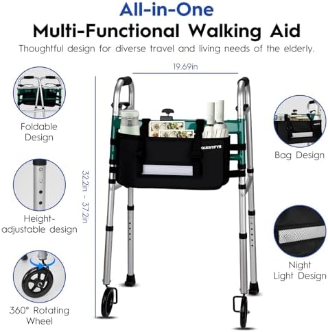 Foldable Walker with 360° Swivel Wheels & Motion Sensor Light, Lightweight Adjustable Height Rolling Walker for Seniors & Adults, Travel-Friendly Walking Frame with Large Storage Bag