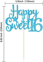Gyufise 1Pc Happy Sweet 16 Cake Topper Glitter 16th Birthday Cake Pick for Cheers to 16 Years Old 16th Birthday Party Cake Decorations Supplies Light Blue