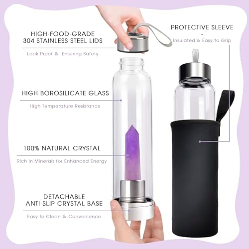 ChezMax Crystal Glass Water Bottle Energy Quartz Gemstone Water Bottle with Changeable Natural Crystal Center for Healing and Wellness Amethyst