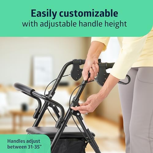 Medline Steel Rollator Walker for Adult Mobility Impairment, Black, 300 lb. Weight Capacity, 8” Wheels, Foldable, Adjustable Handles, Rolling Walker for Seniors