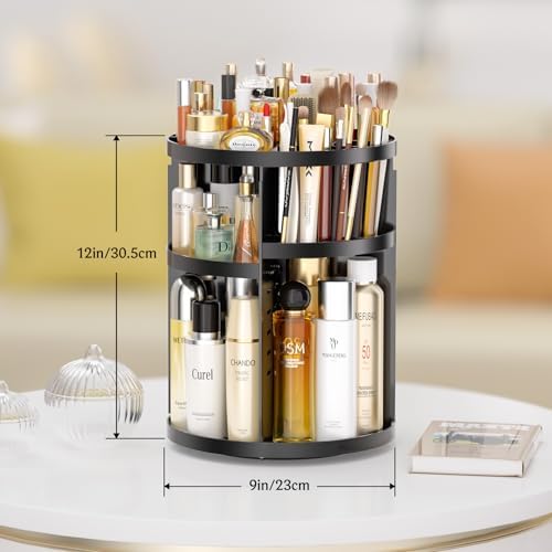Makeup Organizer 360 rotating, Adjustable Skincare Organizers with Brush Holder, Cosmetics Display Cases for Vanity Bathroom Countertop Large Capacity Carousel Make up Caddy Shelf (Black)