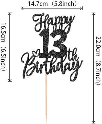 1 PCS Happy 13th Birthday Cake Topper Glitter Cheers to 13 Years Birthday Cake Pick 13 Official Teenager Cake Decoration for Happy 13th Birthday Anniversary Theme Party Decorations Supplies Black