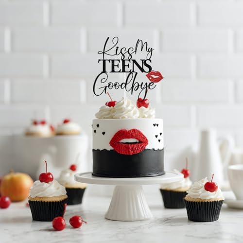 Black Glitter Kiss My Teens Goodbye Cake Topper, Good Bye My Teen Years, Funny 20th Birthday Party Decorations Supplies for Girls Women