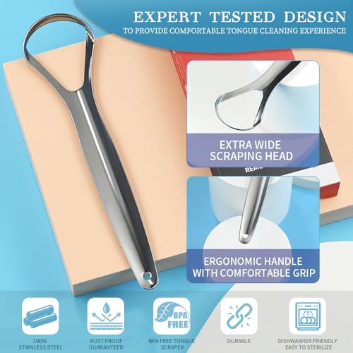 VIWIK 6 Pack Tongue Scraper for Adults, 100% Stainless Steel Tongue Cleaner - Hygienic Oral Care Tools, Bad Breath Remover Tongue Brusher