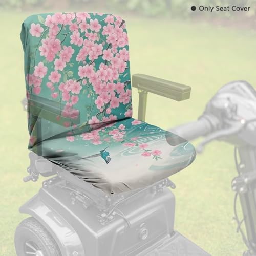 Mobility Scooter Seat Cover, Universal Fit Polyester Power Wheelchairs Seat Protector with Adjustable Buckle, Teal Cherry Blossoms Hummingbird Print, 35 x 18 Inch
