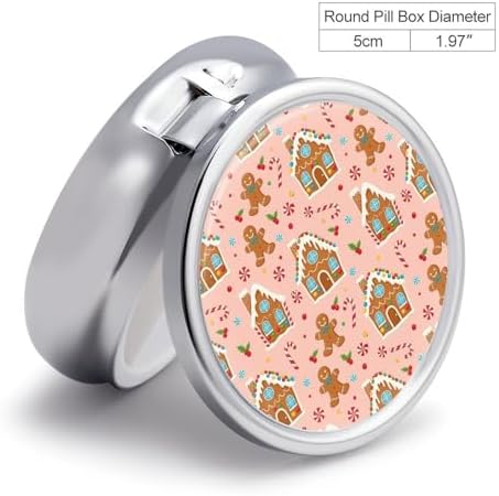 Compact Pill Box, Pink Christmas Gingerbread House Round Waterproof Case, Travel Organizer for Supplements, Purse Pocket Container for Daily Office Use