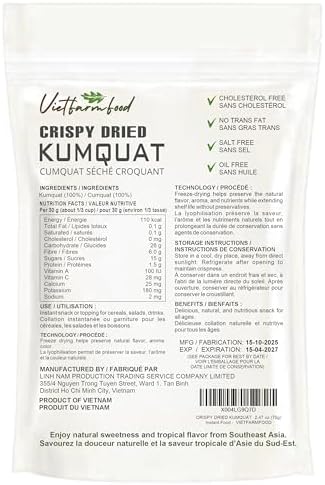 CRISPY DRIED KUMQUAT 2.47 oz (70g) VIETFARMFOOD: Freeze-dried, no sugar added, naturally sour. Nutritious, pure, and crunchy. Great for snacking, toppings, desserts or healthy gifting