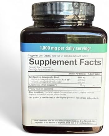 Organic Ashwagandha Daily Adaptogen Formula, 1000mg, 180 Vegetarian Capsules, Stress Support Supplement with KSM-66, Enhanced with Ginger Extract