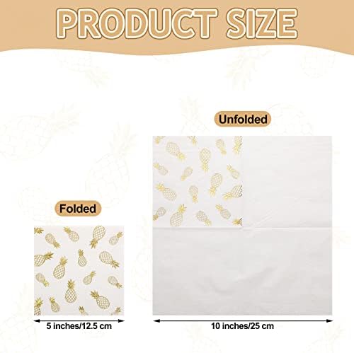 Outus 100 Pcs Pineapple Cocktail Napkins Paper 5 x 5 Inch Summer Tropical Luau Pineapple Party Decorations Disposable Stamping Pattern Napkins for Beverage Hawaiian Party (Gold)