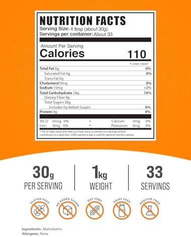 BulkSupplements.com Maltodextrin Powder - Maltodextrin Supplement for Energy Boost, Food Grade - Unflavored & Gluten Free, 30g per Serving, 1kg (2.2 lbs) (Pack of 1)