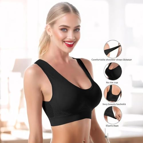 Sports Bra for Women - Plus Size High Support Workout Bra with Cooling Mesh (Full Coverage)(Black L)