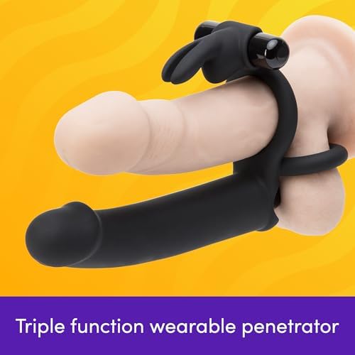Lovehoney Double Fun Vibrating Rabbit Double Penetration Strap On Dildo - 6 Inch Realistic Silicone Dildo with 2 Bullet Vibrators - Waterproof - Black