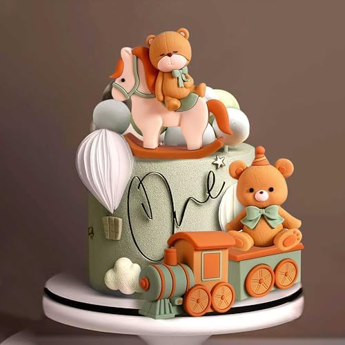 JeVenis Sage Green Bear Cake Decoration Baby Bear Natural Baby Shower Cake Topper Bears Train Cake Decoration Baby Shower Birthday Cake Decoration