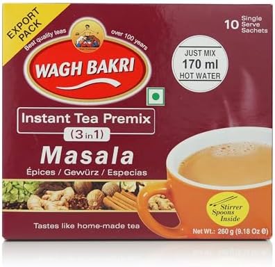 Wagh Bakri Instant Masala Tea | 3 in 1 Sugar+Milk Solids+ Tea | 10 Single Serve Sachets | 140g (4.93 Ounce)
