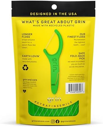 GRIN XtraFine Flosspyx, Floss Picks, 75 Count, Dental Flossers, Minty Flavor, Recycled Plastic, for Super Tight Teeth, Longer Floss Head, Slide Between Teeth, Includes Safe Soft Fold-Back Tooth Pick