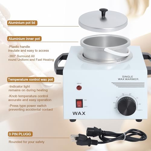 Podoy Wax Warmer for Hair Removal, Professional Single Wax Warmer Pot Melter Heater with Adjustable Temperature Set, Home Spa & Salon Electric Waxing Machine with 200pcs Sticks