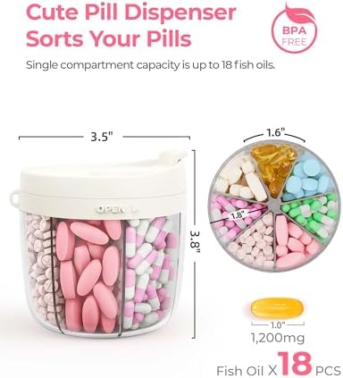 AMOOS Cute Pill Dispenser with 7 Large Compartments, Portable Pill Bottle Organizer with Wide Opening for Easy Use, Anti-Mix Pill Organizer for Travel, BPA-Free Pill Container, White