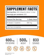 BulkSupplements.com NAC Powder - N-Acetyl Cysteine 600mg, NAC Supplement - Antioxidant Support, Gluten Free - 600mg per Serving, 833 Servings, 500g 1.1 lbs (Pack of 1)