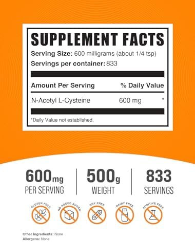 BulkSupplements.com NAC Powder - N-Acetyl Cysteine 600mg, NAC Supplement - Antioxidant Support, Gluten Free - 600mg per Serving, 833 Servings, 500g 1.1 lbs (Pack of 1)