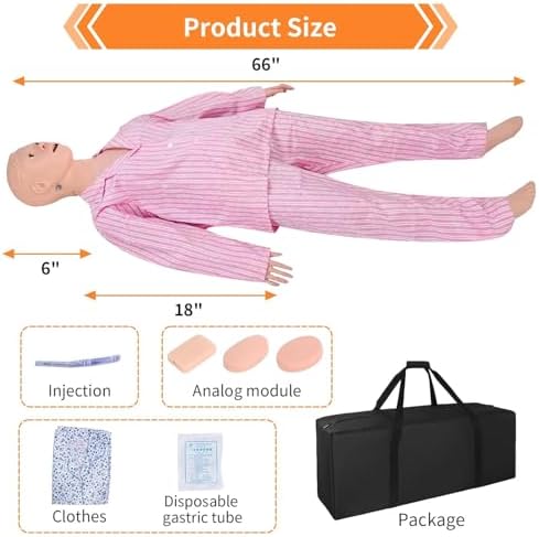 Patient Care Medical Manikin, 5.24ft Life Size Patient Human Model Multifunction Demonstration Mannequin with 3 Muscle Module & Patient Gown & Urinary Catheter for Teaching Pratice