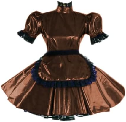 Sissy Lolita Dress Apron Maid Outfit Turtleneck Puff Sleeve Flared Leather Gothic Roleplay Cosplay Party