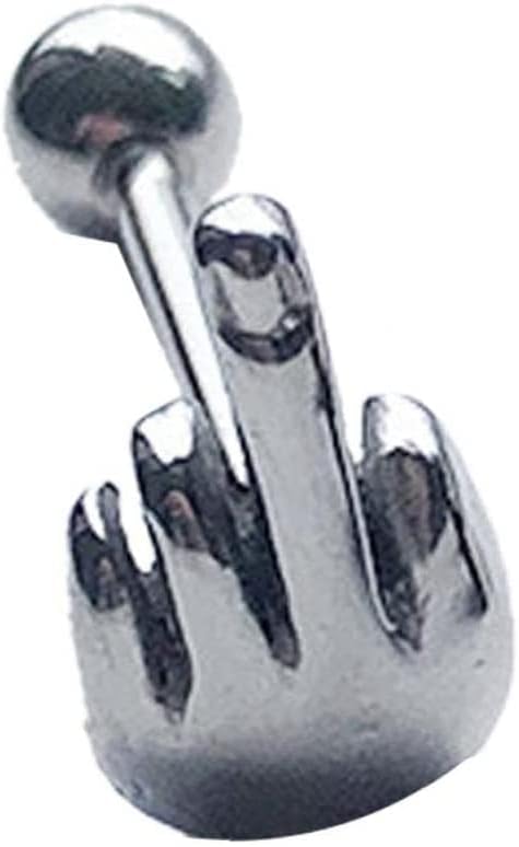 Stainless Steel Middle Finger Gesture Tongue Barbell Stud Piercing Rings Body Jewelry