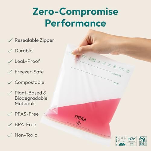 FEBU Snack Compostable Food Storage Bags, 180 Count | Certified Home Compostable & Biodegradable | PFAS & BPA Free Zipper Bags | Leak-Proof & Resealable | 6.5"x 3.25"