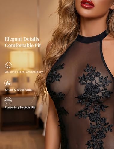 Girece Sexy Lingerie for Women Sheer Mesh Halter Bodysuit with Snap Crotch Backless One Piece Teddy Lingerie