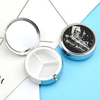 3 Compartment Travel Pill Case, Portable Round Pill Box for Pocket or Purse, Decorative Metal Medicine Vitamin Organizer. (Never Better)