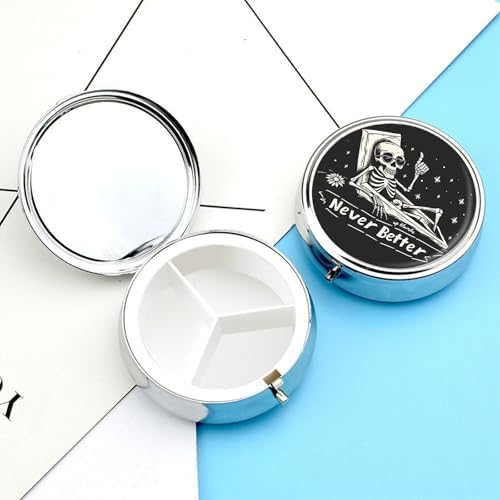 3 Compartment Travel Pill Case, Portable Round Pill Box for Pocket or Purse, Decorative Metal Medicine Vitamin Organizer. (Never Better)