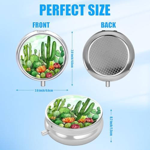 Cactus Pill Case, Pill Box 3 Compartments Metal Small Pill Holder with Mirror Mini Travel Pill Container for Purse Pocket Women Men