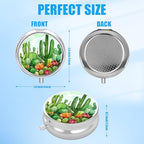 Cactus Pill Case, Pill Box 3 Compartments Metal Small Pill Holder with Mirror Mini Travel Pill Container for Purse Pocket Women Men