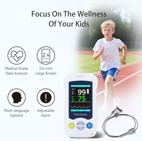 Handheld Pulse Oximeter for Kids, Medical Grade SpO2 Pulse Rate Oximeter Accurate Oxygen Monitor Children with Alarm and Continuous Monitoring, Portable and Support 500 Data Storage for Home
