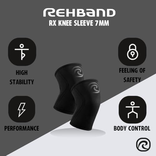 Rehband RX Knee Support for Strength Training & Fitness - 7mm Neoprene Knee Sleeve, Flexible & Non-Slip, Knee Sleeve for Men & Women, Colour:Carbon/Black, Size:Large