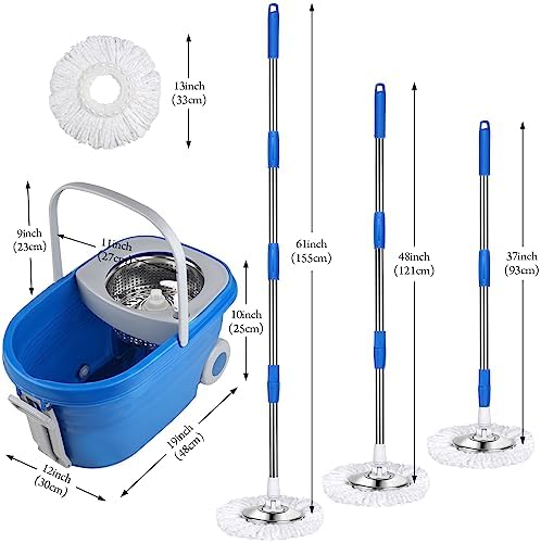 Mop and Bucket with Wringer Set 25QT，Stainless Steel Deluxe 360 Spinning Mop Bucket Floor Cleaning System with 3 Microfiber Replacement Head Refills, 2X Wheel for Home Cleaning with Drain Plug