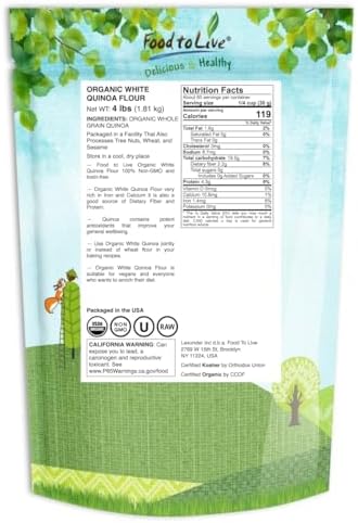 Food to Live Organic White Quinoa Flour, 4 Pounds – Non-GMO, Fine Ground Whole Grain, Vegan, Kosher, Bulk Powder, Perfect for Baking and as Thickener