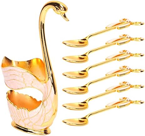 Tbest Cutlery,Tableware Sets Coffee Fruit Dert Spoons Household Tableware with Holder Decoration (Gold + spoon)