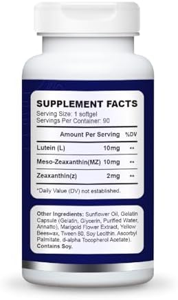 Eye Supplement - Lutein 10mg, Meso-Zeaxanthin 10mg, Zeaxanthin 2mg - Eye Vitamins Supports Vision, Blue Light Protection & Macular Health - Natural Antioxidant Formula | 90 Softgels