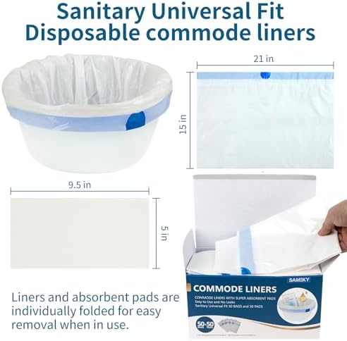 Commode Liners with Absorbent Pads | 50Bags+50Pads for Bedside Toilet Chair Bucket | Universal Fit | Bedside Commode Liners and Pads(50Bags + 50Pads)