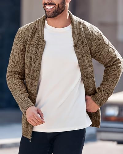Ryannology Mens Shawl Neck Cardigan Sweater Cable Knit Button Up Closure with Pockets Winter Sweaters Outerwear