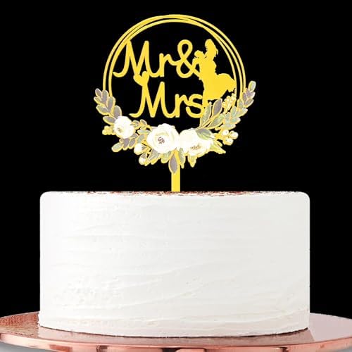 Wedding Cake Topper, Mirror Gold Acrylic Mr & Mrs Design with Floral Wreath, Decorative Celebration Accessory