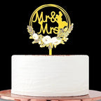 Wedding Cake Topper, Mirror Gold Acrylic Mr & Mrs Design with Floral Wreath, Decorative Celebration Accessory