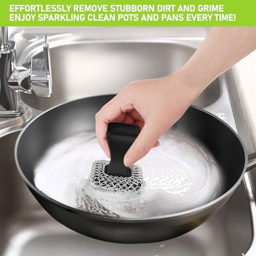 TOPULORS Cast Iron Scrubber & Scraper Kit, 316 Stainless Steel Cast Iron Skillet Cleaner Chainmail Scrubber for Cast Iron Pans Dish Scrub Brush Chain Link Scouring Pad for More Pot Cookware Cleaning
