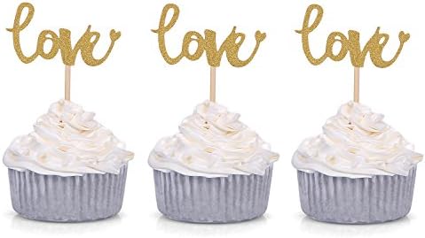 Set of 24 Golden LOVE Cupcake Toppers Wedding Party Decors Muffin Picks Party Dessert Bar Decorations - Pack of 24